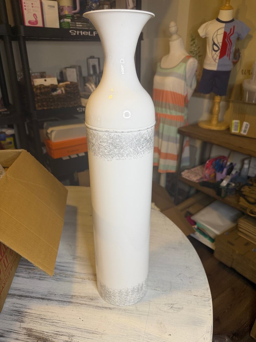 Hosley Tall White Decorative Floor Vase with Gray Distressed Accent Design